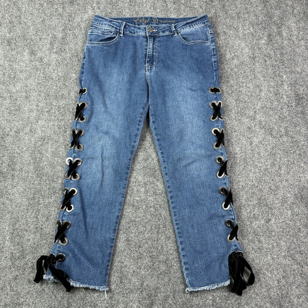 Ethyl Womens Straight Jeans 10 Anika Lace Up Capri Raw Hem Y2K Denim